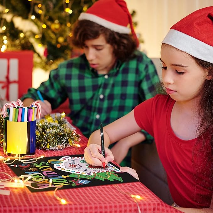 Zhanmai 48 Pcs Christmas Velvet Coloring Posters and Watercolor Pens Cozy Christmas Coloring Book Fuzzy Velvet Xmas Posters for Adults Teenagers Classroom Xmas Festive Arts Crafts