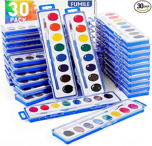 FUMILE Watercolors Paint Set Bulk,30 Pack 8 Washable Bright Colors with Paintbrush.Watercolors Paint Set Kids for Parties,Art Lessons,Birthday Party Favor,valentines for kids classroom,All Ages.