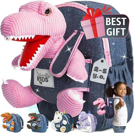 Naturally KIDS Pink Dinosaur Toys for Girls, Dinosaur Gifts for Girls 2-5 Year Old, Toddler Backpack