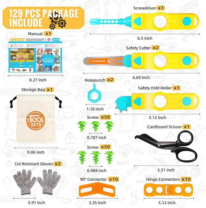 SpringFlower Cardboard Cutter for Kids, 129 PCS Cardboard Tools for Kids, STEM Educational Construction Kit Toys for Boys Girls, DIY Safe Cutting Creative Craft Kit, Gift Birthday for Boys Girls