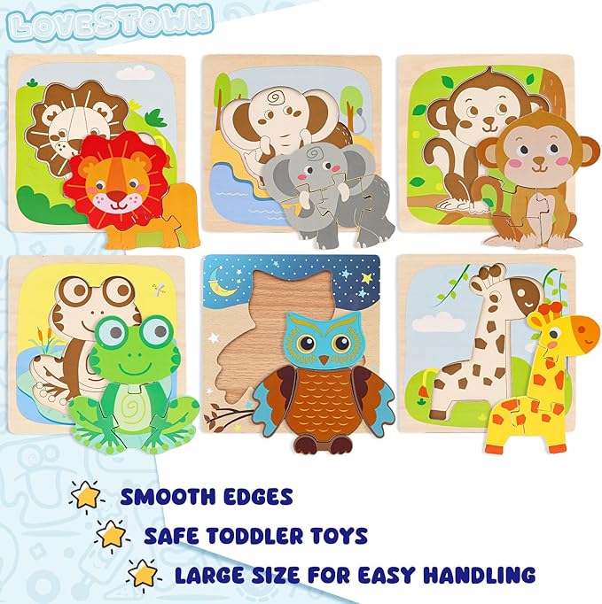 LovesTown Montessori Wooden Puzzles for Toddlers Kids Educational Animal Jigsaw Toys Preschool Learning Colors Shapes Cognition 6 Pack