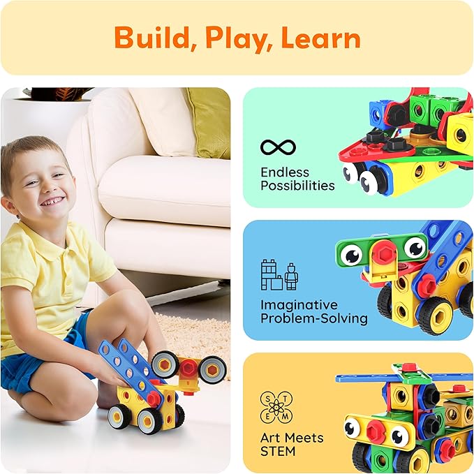 PicassoTiles 201pc STEM Learning Block Construction Kit with Power Drill and Clickable Ratchet Educational Engineering Toy Set Kids Age 3 Plus Preschool Activity Creative Play with Idea Book PTN201