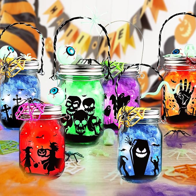 Shemira Halloween Craft Kit for Kids, 12 pcs Glass Mason Jar with Accessories for DIY Lantern Jar, Halloween Art & Craft Party Supplies, Halloween Art Activities, Crafts and Arts Party Supplies