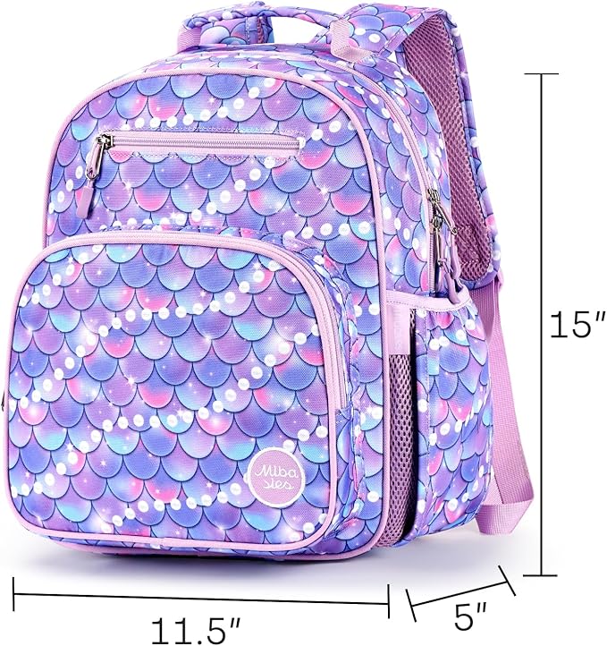 mibasies Kids Backpack for Girls: Girls Backpack 5-8 - Kindergarten Elementary School Bookbag for Girl - Fish scale Purple