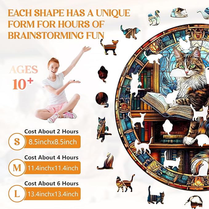Wooden Puzzles for Adults, Wooden Jigsaw Puzzles for Adults Kids, The Maine Cat Library Unique Shaped Wood Puzzles Adult, Creative Birthday Gifts for Friends Family Game (11.4 * 11.4in 200pcs)
