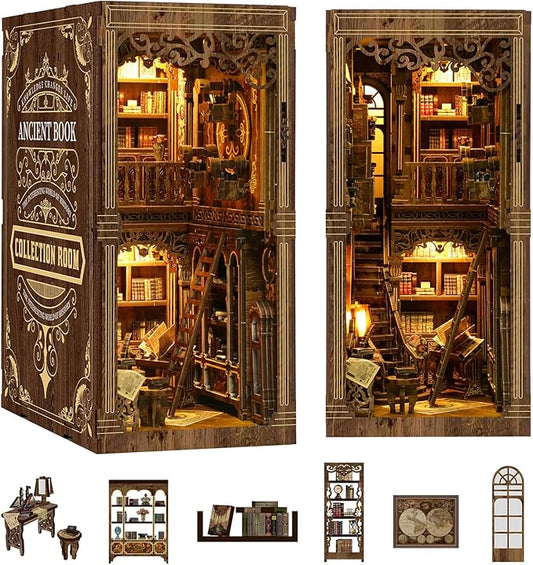 Book Nook Kit - DIY Enchanted Cottage Miniature House for Adults & Teens, 3D Wooden Puzzle Booknook with LED Lights, Bookshelf Insert Decor & Creative Model Building(Antique Books Collection Room)