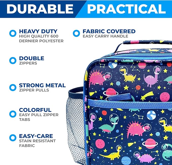 Dinosaur Bento Lunch Box for Boys with Thermo Stainless Steel Food Jar for Hot Food Soup, Insulated Dinosaur Lunch Bag and Ice Pack Set, Kids Container Boxes with 4 Compartments, Blue Space Dino