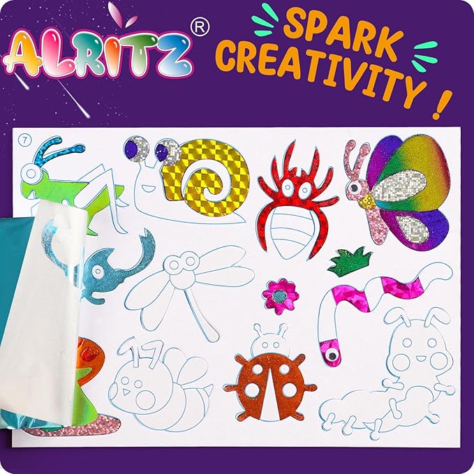 Alritz Arts and Crafts,Foil Crafts Fun Kit, Art Kit Toys for Kids Animals Space Cars, Foil Stickers Supplies,Travel Toys DIY Christmas Gifts for Girls Boys 4 5 6 7 8 9 10 11+ Years Old (12 Theme)