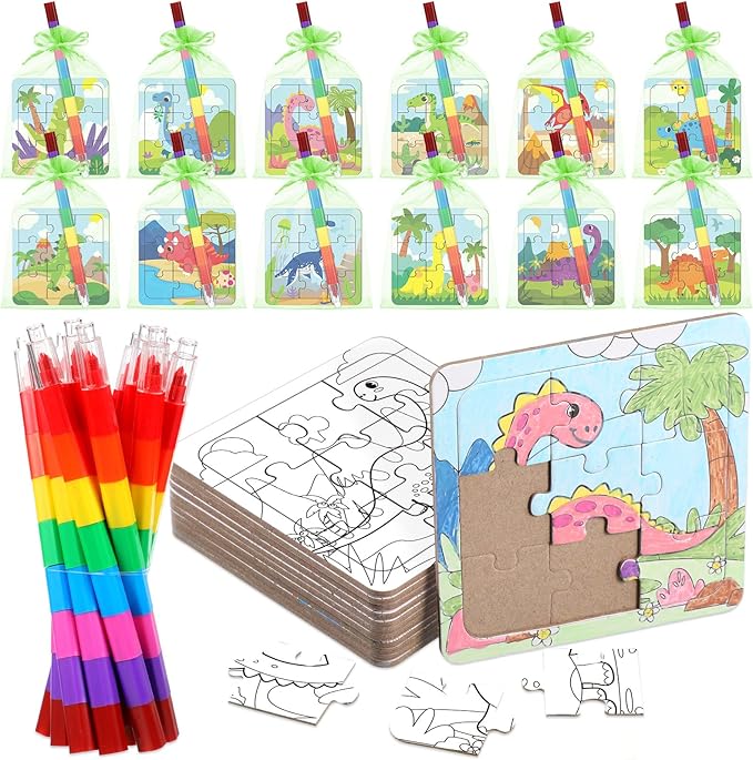 12 Sets Dinosaur Puzzles for Dinosaur Theme Color Your Own Puzzles DIY Dino Jigsaw Crafts with 12 Stackable Crayons and 12 Bags for Tropical Jungle Gifts Birthday Party Supplies Favors