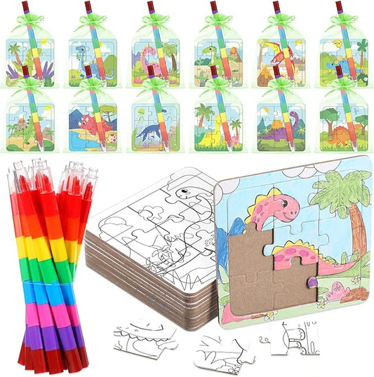 12 Sets Dinosaur Puzzles for Dinosaur Theme Color Your Own Puzzles DIY Dino Jigsaw Crafts with 12 Stackable Crayons and 12 Bags for Tropical Jungle Gifts Birthday Party Supplies Favors