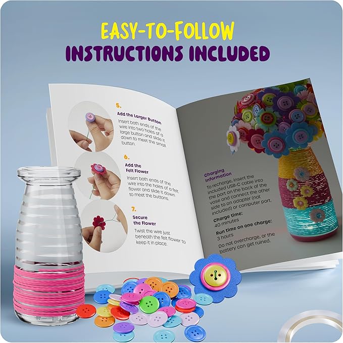 Dan&Darci Light Up Button Flower Craft Kit - Crafts for Kids Ages 4-8 - Arts & Crafts Gift for Girls - Activities for Kid Age 6-8 Girls - 5 Year Old Girl Gift Toys - Birthday Gifts for 5 6 7 8 Years