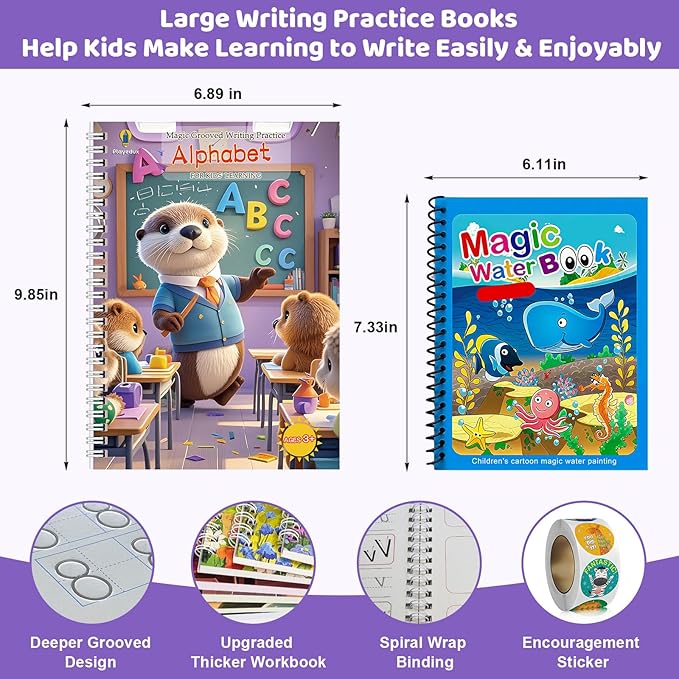 Magic Grooved Writing Practice Kit for Kids Ages 3-8, 7 Reusable Grooved Handwriting Books with 2 Pens & 20 Refills + Watercolor Book with Water Pen, Large Grooved Copybooks for Preschool (8)