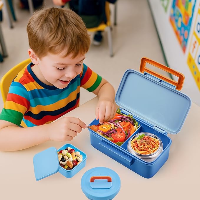 Lunch Box for Kids With 8oz Soup Thermo, Leak-proof Lunch Container with 2 Compartments, Thermo Food Jar Food Containers for Back to School Girls Boys (Blue)