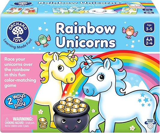 Orchard Toys Moose Games Rainbow Unicorns Game. Race Your Unicorns Over The Rainbow to a Pot of Gold in This Magical, Fun Color-Matching Game! Ages 3+ for 2-4 Players