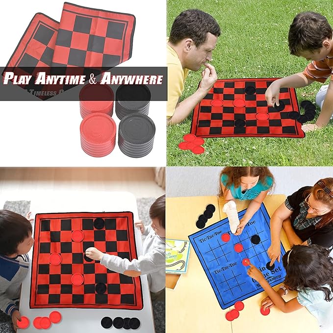 3 in 1 Giant Checkers Game Set,Super Tic Tac Toe,Including Reversible Rug with 24 Checkers,Indoor and Outdoor Activity for Kids or Adults,Board Game,Yard Game
