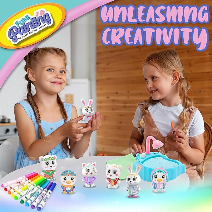 Trubic Kids Pet Washable Recolor Paint Arts and Crafts Toys, Creative DIY Painting Kits Set for Kids, Gift for Boys Girls Age 3 4 5 with 4 Figurines, 9 Washable Markers, 1 Brush & 1 Tub