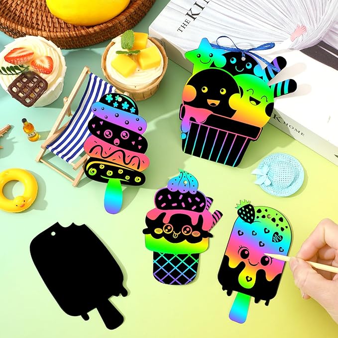 JULMELON 36 PCS Summer Crafts, Rainbow Scratch Art Summer Gifts Magic Color Ice Cream Scratch Cards DIY Sweet Candy Ornament for Party Favors School Activities