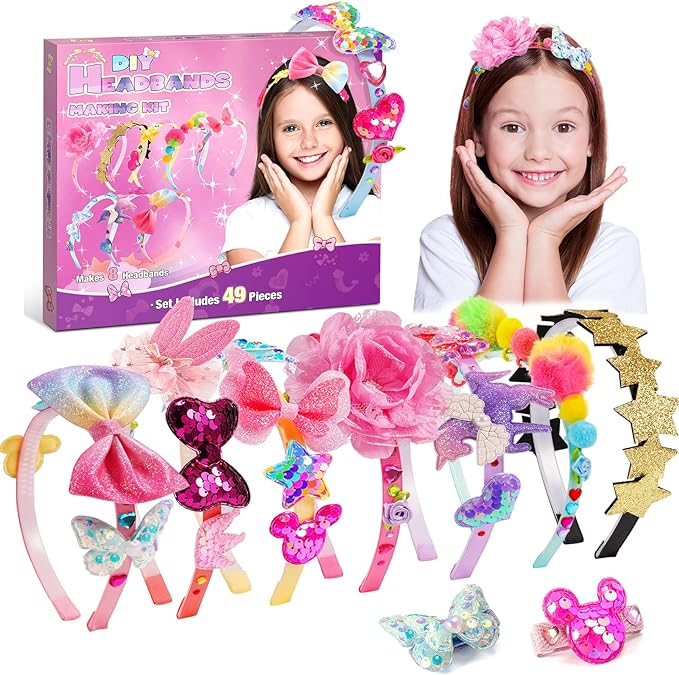 SYOKZEY Hair Accessories for Girls, Headband Making Kit,Toys Gifts for 3-12 Years Old Girls,Toys Age 6-8, Arts and Craft Kits, Birthday Presents DIY Christmas Basket Stuffers- 49 Pc