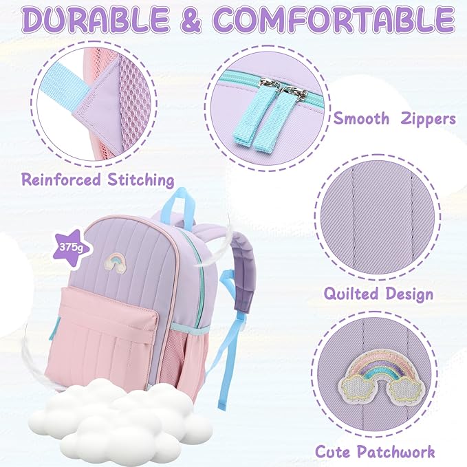 VASCHY Kids Backpack for Girls, Lightweight Quilted Color-blocked Bookbag Preschool Backpack for Kindergarten Children Light Purple Pink
