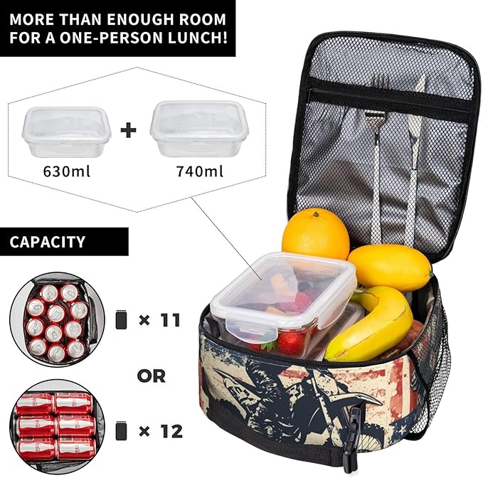 Dirt Bike Lunch Bag for Women Men Adults, Insulated Lunch Box for Work, Sports, Travel, Picnic,Hiking, Fishing, Motocross American Flag Theme Lunchbox Gifts
