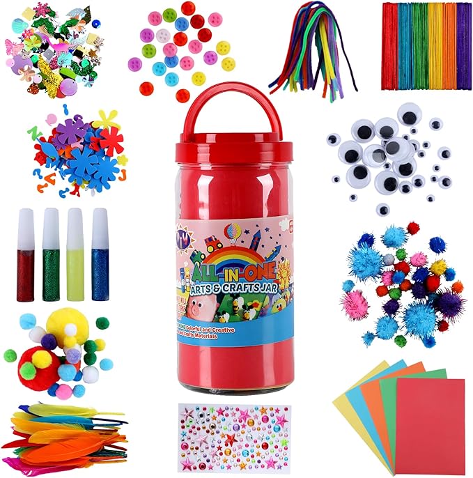 Qukou Arts and Crafts Supplies Kit for Kids- 550+ DIY Art Kit with Glitter Glue, Gem Stickers, Pompoms & Tools in Storage Jar Portable Travel Crafts for Ages 4+ Birthday, Christmas (Art Deco)