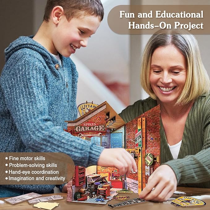 Garage Book Nook Kit - 3D Wooden Puzzle Miniature Book Nook Kits for Adults Teen, DIY Dollhouse Bookshelf Insert Decor with Sensor LED Light, Gift for Family, Friends