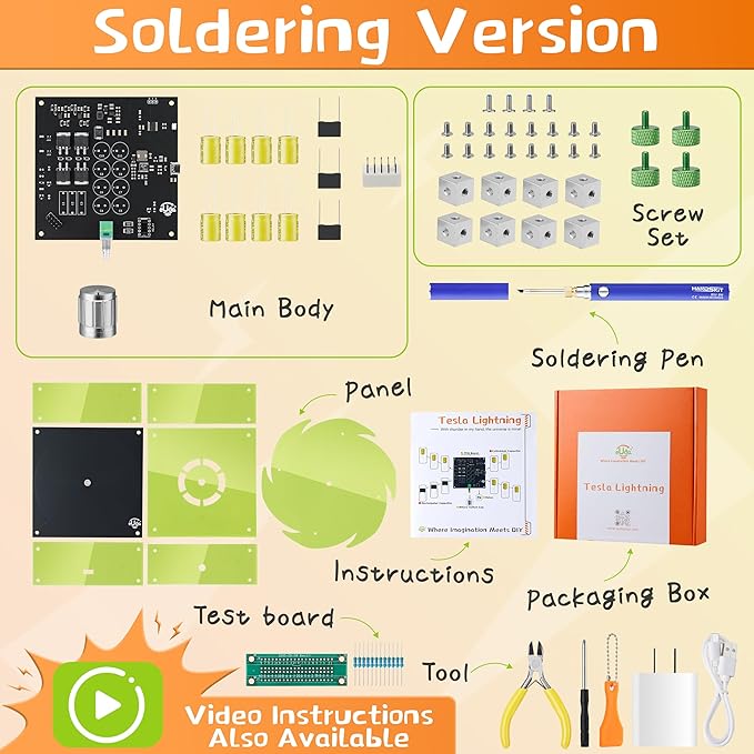 STEM DIY Toys Hand Soldering Electronic Tesla Lightning Kit|Science Craft Kit for Kids Ages 8-9-10-11-12-13-14-15+Years Old|Educational Gifts for Boys&Girls|Video Guide (Rectangular-Transparent Grey)