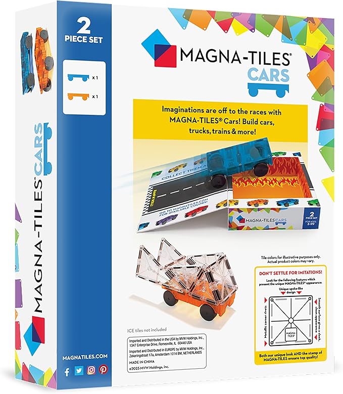 MAGNA-TILES Cars – Blue & Orange 2-Piece Magnetic Construction Set, The Original Magnetic Building Brand