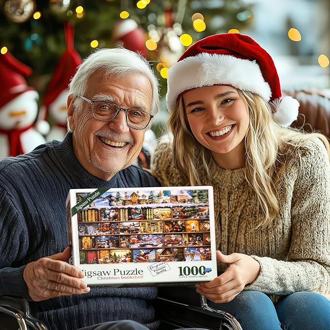 Christmas Jigsaw Puzzles for Adults 1000 Piece Book Library Puzzle for Adults with Letters on Back Challenging Holiday Family Adult Puzzles 1000 Pieces Gifts for Women Men Seniors
