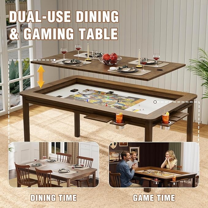 Solid Wood Convertible Board Game Table for 4-6 Players - Removable Dining Top, Premium Leather Mat, 4 Detachable Cup Holders, 54"x31" Play Area - Black Walnut for Epic Family Game Nights