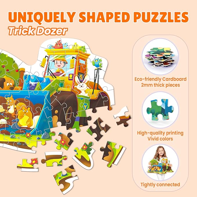 ELX 58 Piece Trick Dozer Jigsaw Puzzle for Kids 3+, Large Floor Puzzle for Preschool Learning with Storage Bag, Educational Toy Gift Birthday and Christmas for Boys Girls