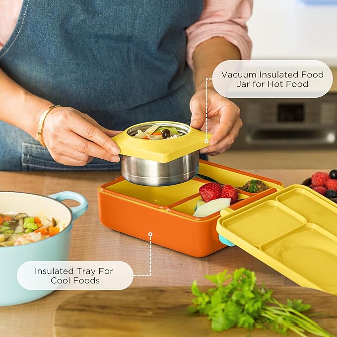 OmieBox Bento Box for Kids - Insulated Bento Lunch Box with Leak Proof Vacuum Insulated Food Jar - 3 Compartments, Two Temperature Zones (Sunshine)