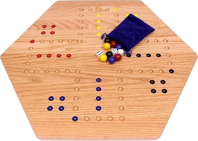 AmishToyBox.com Wahoo Wooden Marble Game Board Set - Large 24" Wide - Solid Oak Wood - Double-Sided - with Large 22mm Marbles and Dice Included
