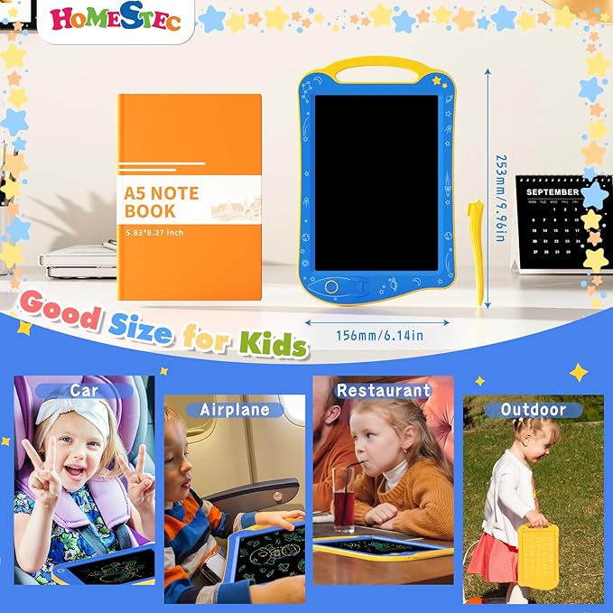 HOMESTEC Astrodraw Drawing Pad Toys, Colorful LCD Writing Tablet for Kids, Doodle Board for Toddlers 3 4 5 6 Years Old, Travel Sensory Space Toy for Boys Girls, Birthday Gift Idea (Blue/Yellow)