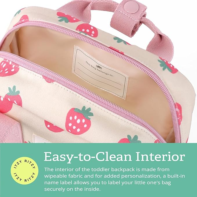 Itzy Ritzy Toddler Backpack - Daycare Bag - Features Adjustable Shoulder Straps, 2 Side Pockets & Spacious Interior with Wipeable Fabric Lining & Name Label, Strawberry Backpack