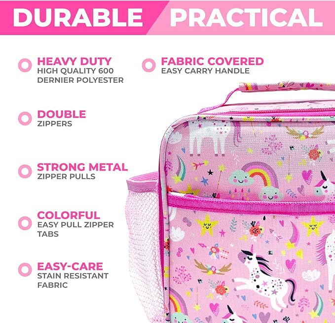 Bento Lunch Box for Kids with Thermo Food Jar for Hot Food Soup, Insulated Lunch Bag and Ice Cold Pack Set, Stainless Steel Lunch Thermal, Girls Container Boxes with 4 Compartments, Pink Unicorn