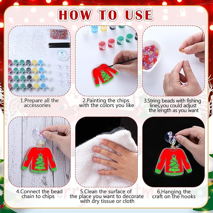 Yaomiao 30 Sets Christmas Ugly Sweaters Suncatchers Window Art Kits DIY Xmas Suncatcher Crafts Bulk Paint Your Own Window Hanging Ornaments for Boys Girls Home Classroom Activities Art Project