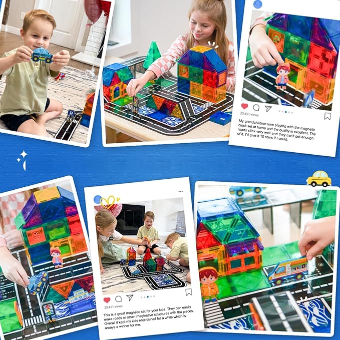 112PCS Magnetic Tiles Road Set with Vibrant Color & Ultra Magnet Strength, City Road Building Blocks Construction Toys for Toddlers Kids Ages 3-12, Creative Gifts STEM Toys for 3+ Years Old Boys Girls