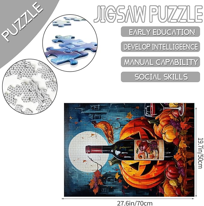 Landscape 1000 Piece Jigsaw Puzzles for Adults Halloween Spooky Night Painting Jigsaw Puzzle Red Wine and Yellow Pumpkin 1000 Pieces Puzzles Game Home Wall Decor DIY Craft Full Moon Puzzle Art(Dark)