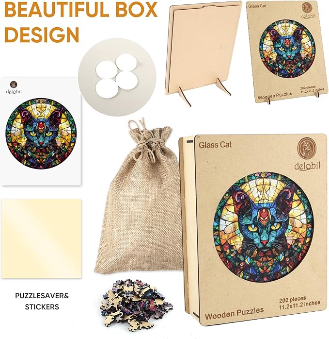 delobil Wooden Puzzles for Adults, Glass Cat Jigsaw Puzzles 200 Pieces, 16.5x11.2in, Unique Shaped Cool Reptile Animal Wood Adult Puzzle, Best Gifts for Adults and Kids Family Game