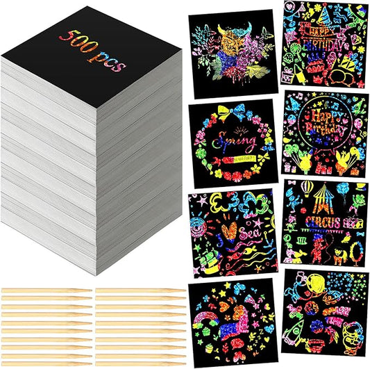 Lenwen 500 Pack Scratch Cards Rainbow Note Scratch Pads with 20 Bamboo Stylus for People Paper DIY Paper Craft Arts Kits Birthday Party Favors Supplies(Rainbow Holographic,500)