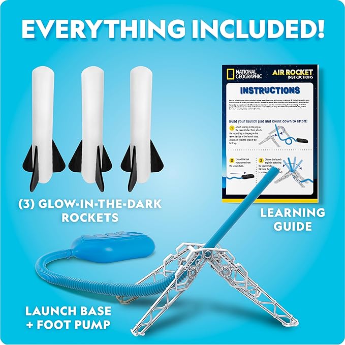 National Geographic Air Rocket Launcher Toy - Launch Glow in The Dark Rockets up to 100 Feet, Kids Outdoor Toys, Toys for Kids 8-12, Glow in The Dark Toys, Rocket Kit, Fun Outdoor Toys