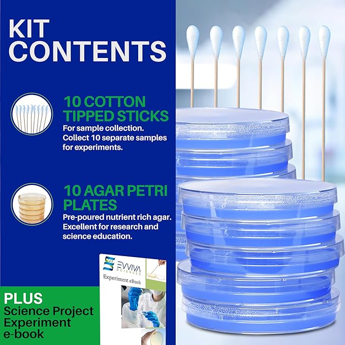 Evviva Sciences Nutrient Agar Petri Dishes Science Project Kit, Pre-Poured Agar Plates for Science Experiments, with Experiment eBook (Blue)