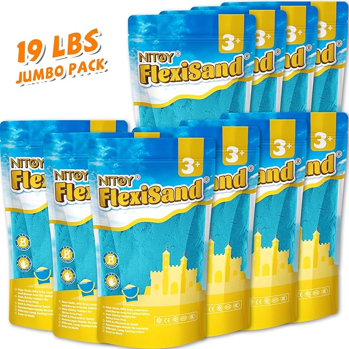 NiToy FlexiSand 19lbs Value Pack of Moldable Self-Sticking Sand, Never Dries Out Fun for 3 Years and Up Kids, Bulk Refill for Sensory Sand Box Toys, Ideal for Shaping and Molding (Dark Blue)