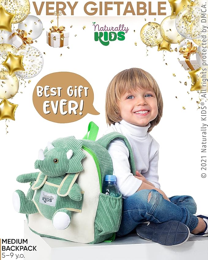 Naturally KIDS Green Dinosaur Backpack for Boys 4-5, Triceratops Dinosaur Gifts for 4-5 Year Old Boys, Girls, Toddler Backpack