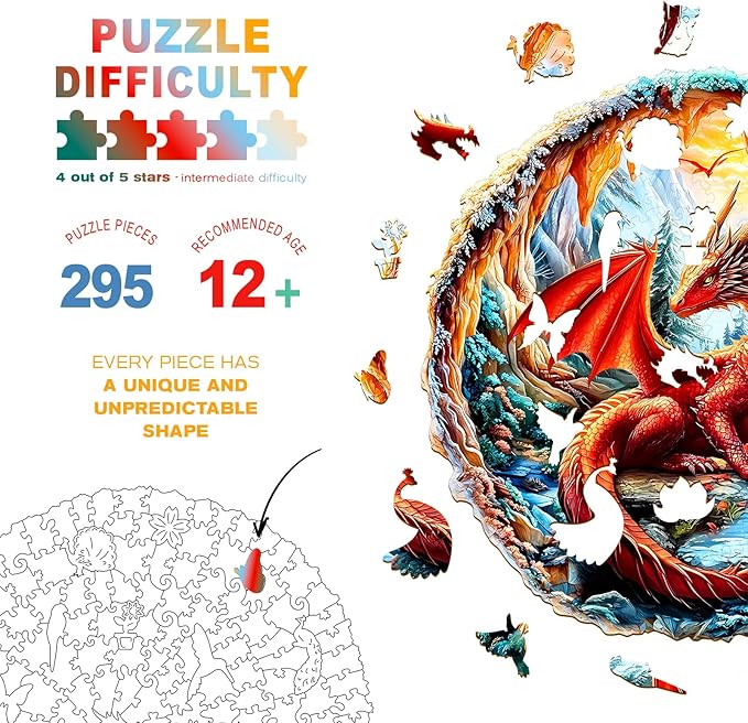 Wooden Puzzles for Adults - Crimson Dragon Wooden Jigsaw Puzzle - Unique Shape 3D Vision Wood Puzzles Adult - Christmas Birthday Gifts for Adults/Friends/Family - 195pcs 11.4 * 11.4in
