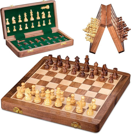 INTAJ 12" Large Wooden Chess Set - Handcrafted Chess Board Game with Magnetic Pieces & Storage - Deluxe Folding Board for Kids & Adults - Premium Acacia Wood Set for Home Decor, Coffee Table & Gift