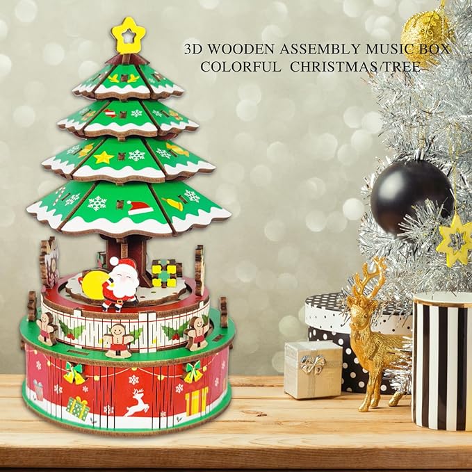 3D Puzzles for Adults Christmas Tree DIY Rotating Music Box Kit Mechanical Model Boys and Girls Birthday Gifts(Christmas Tree )