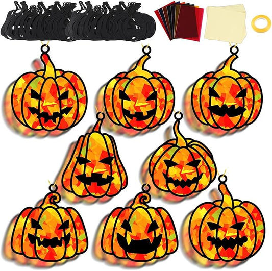 32 Sets Fall Halloween Pumpkin Suncatchers Craft Kit DIY Window Stained Glass Effect Halloween Pumpkin Paper Craft Home School Classroom Decoration Kid Birthday Gift Creative Art Project Activity Game