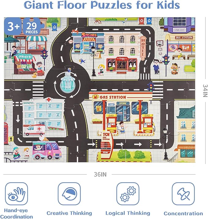 TOI Gaint Floor Puzzle for Kids Ages 3 and Up, 2x3 Feet City Floor Puzzles for Toddlers 3-5, Extra Large Preschool Learning Jigsaw Puzzles for Boys and Girls